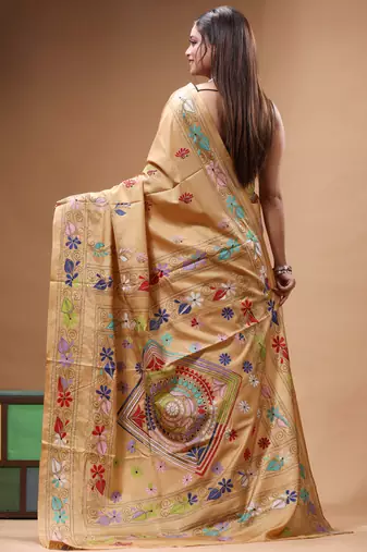 cinnamon brown silk blend stitch saree with multicolor hand-embroidered floral pallu