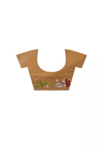 cinnamon brown silk blend stitch saree with multicolor hand-embroidered floral pallu