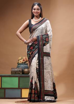 elegant off-white printed silk blend saree with red & black artistic border 1