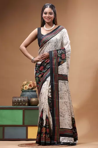 elegant off-white printed silk blend saree with red & black artistic border
