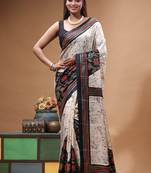 elegant off-white printed silk blend saree with red & black artistic border