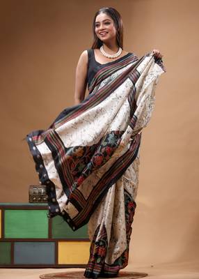 elegant off-white printed silk blend saree with red & black artistic border 2