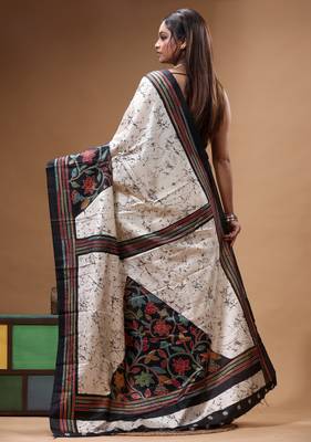 elegant off-white printed silk blend saree with red & black artistic border 3