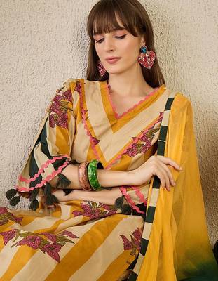Floral Printed Pure Cotton Kurta with Trousers & Dupatta 2