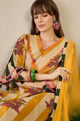 Floral Printed Pure Cotton Kurta with Trousers & Dupatta