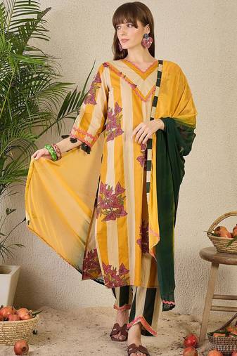 Floral Printed Pure Cotton Kurta with Trousers & Dupatta