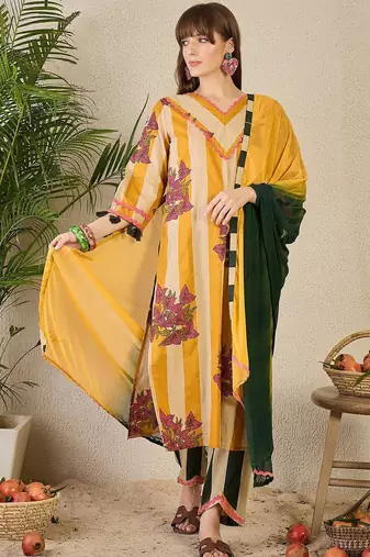 Floral Printed Pure Cotton Kurta with Trousers & Dupatta