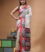 elegant off-white printed silk blend saree with red & black artistic border