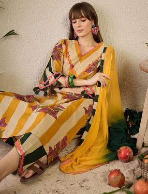Floral Printed Pure Cotton Kurta with Trousers & Dupatta 7