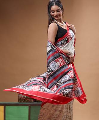 elegant off-white printed silk blend saree with red & black artistic border 2