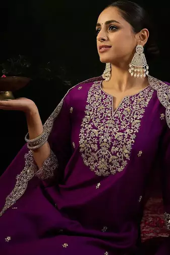 Notched Neck Floral Embroidered Liva Kurta with Trouser & Dupatta
