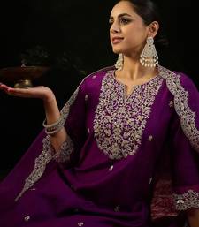 Notched Neck Floral Embroidered Liva Kurta with Trouser & Dupatta
