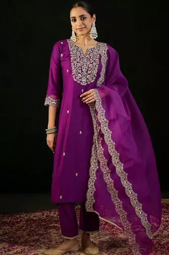 Notched Neck Floral Embroidered Liva Kurta with Trouser & Dupatta