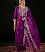 Notched Neck Floral Embroidered Liva Kurta with Trouser & Dupatta