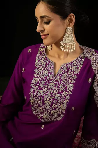 Notched Neck Floral Embroidered Liva Kurta with Trouser & Dupatta
