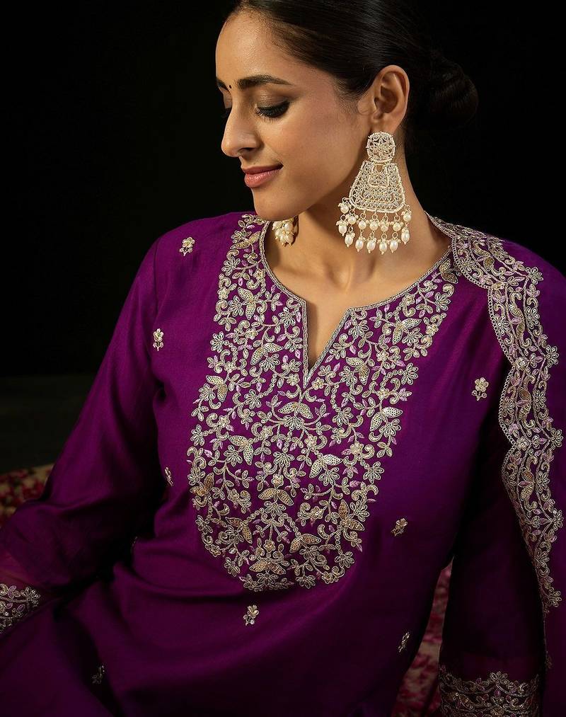 Notched Neck Floral Embroidered Liva Kurta with Trouser & Dupatta