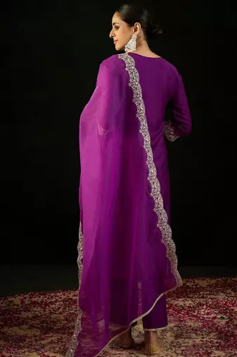 Notched Neck Floral Embroidered Liva Kurta with Trouser & Dupatta