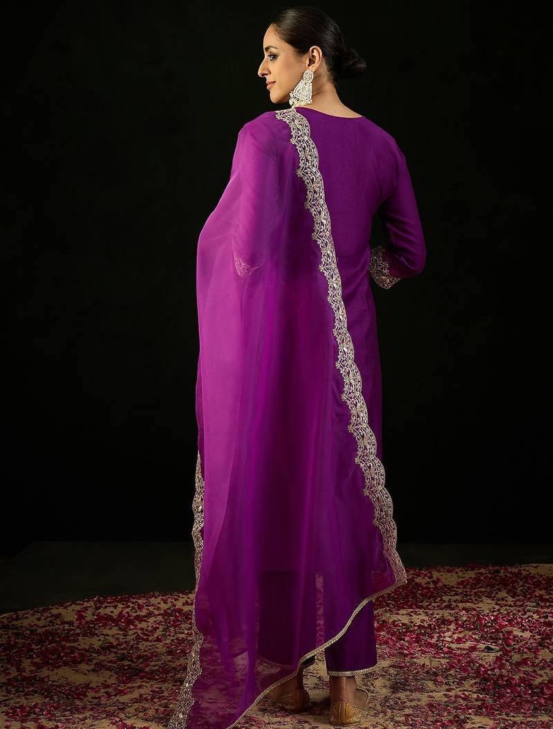 Notched Neck Floral Embroidered Liva Kurta with Trouser & Dupatta