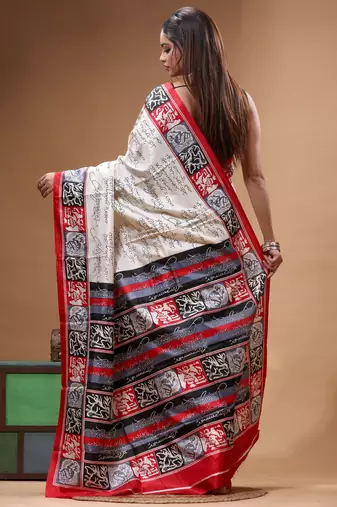 elegant off-white printed silk blend saree with red & black artistic border