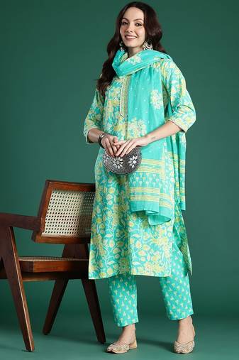 Floral Printed Pure Cotton Kurta with Trousers & With Dupatta