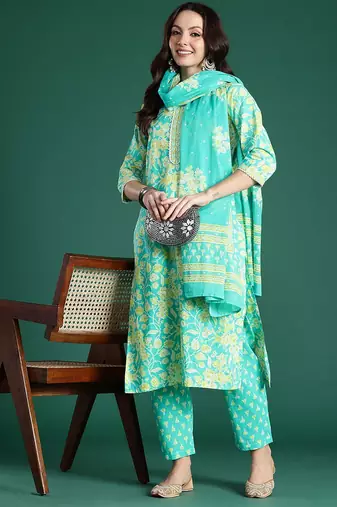 Floral Printed Pure Cotton Kurta with Trousers & With Dupatta