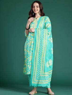 Floral Printed Pure Cotton Kurta with Trousers & With Dupatta 5