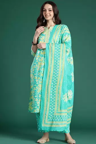 Floral Printed Pure Cotton Kurta with Trousers & With Dupatta