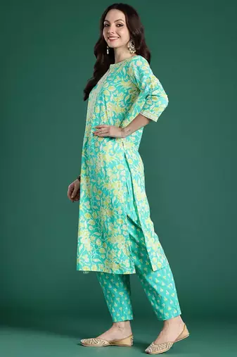 Floral Printed Pure Cotton Kurta with Trousers & With Dupatta