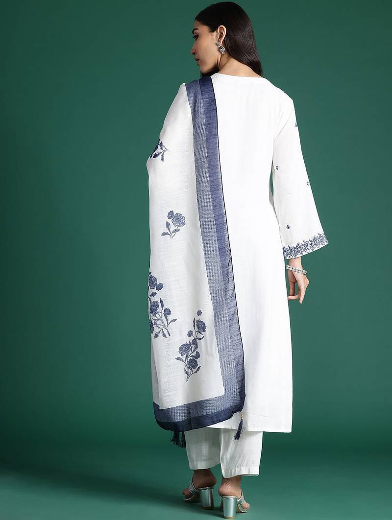 Floral Embroidered Thread Work Pure Cotton Kurta with Trousers & With Dupatta