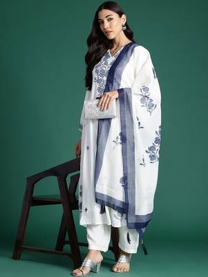 Floral Embroidered Thread Work Pure Cotton Kurta with Trousers & With Dupatta 8