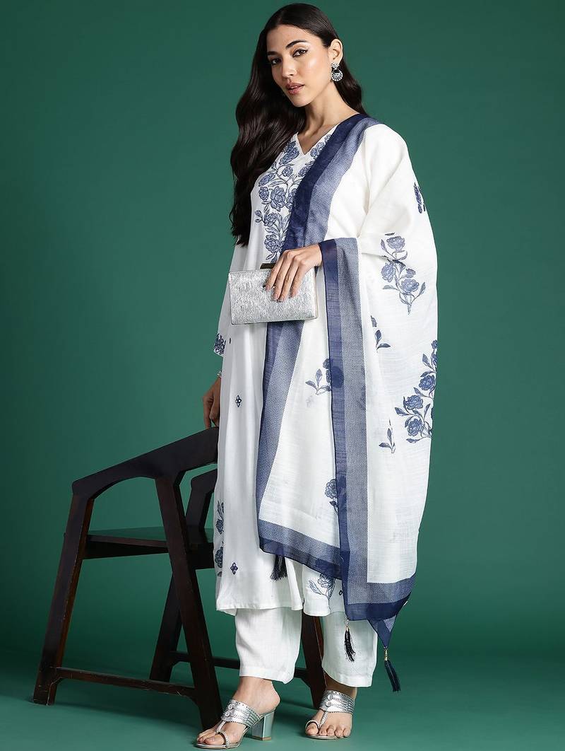 Floral Embroidered Thread Work Pure Cotton Kurta with Trousers & With Dupatta
