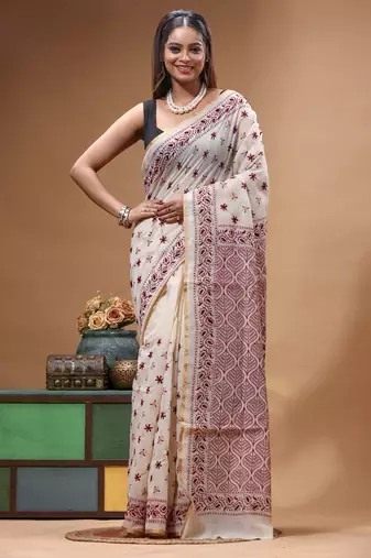 off-white cotton blend saree with magenta floral embroidered stitched saree