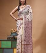 off-white cotton blend saree with magenta floral embroidered stitched saree