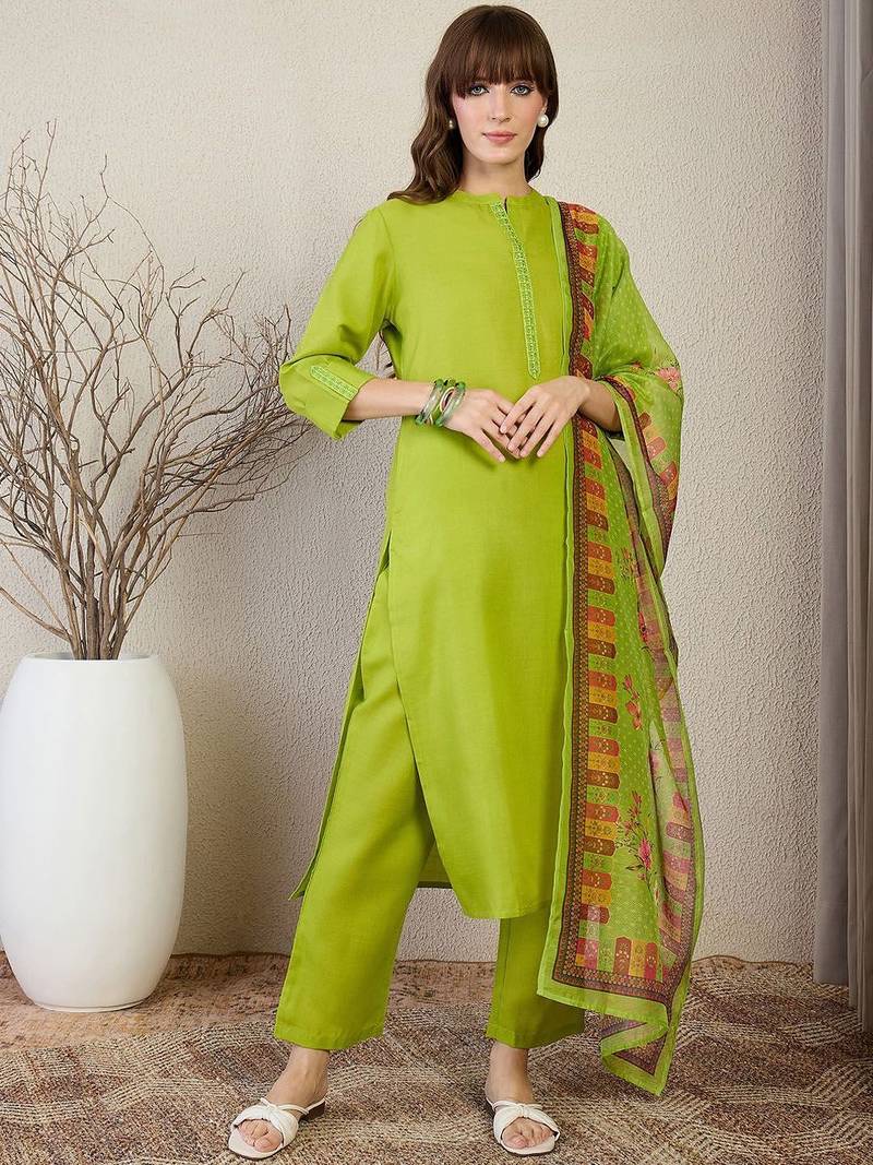 Women Ethnic Motifs Embroidered Regular Kurta, Trousers With Dupatta