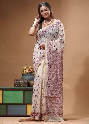 off-white cotton blend saree with magenta floral embroidered stitched saree 2