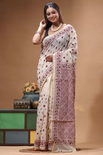 off-white cotton blend saree with magenta floral embroidered stitched saree