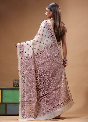 off-white cotton blend saree with magenta floral embroidered stitched saree 3