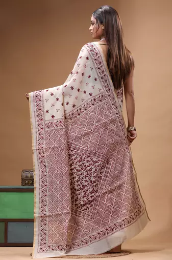 off-white cotton blend saree with magenta floral embroidered stitched saree