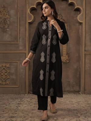 Women Ethnic Motifs Embroidered Thread Work Cotton Kurta with Trousers & Dupatta 4