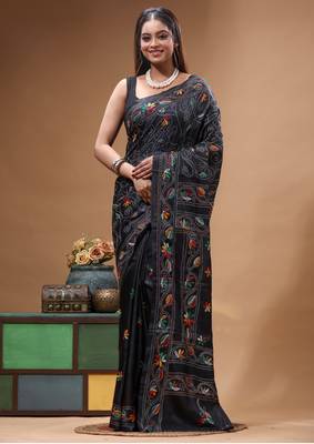black silk blend stitch saree with multicolor hand-embroidered floral pallu 1