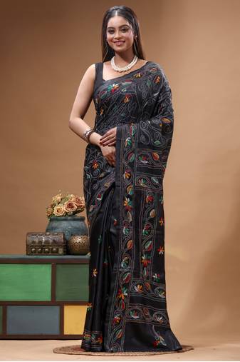 black silk blend stitch saree with multicolor hand-embroidered floral pallu