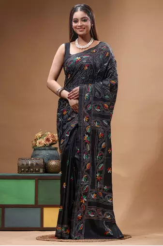 black silk blend stitch saree with multicolor hand-embroidered floral pallu