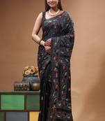 black silk blend stitch saree with multicolor hand-embroidered floral pallu