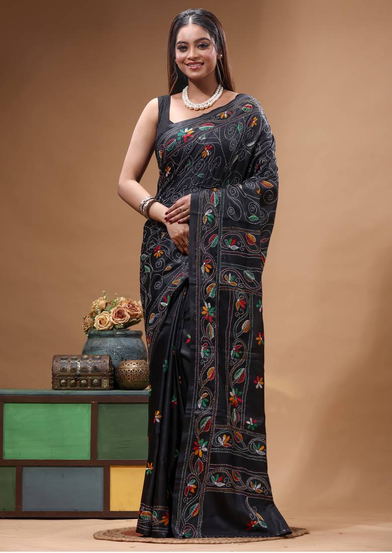 black silk blend stitch saree with multicolor hand-embroidered floral pallu