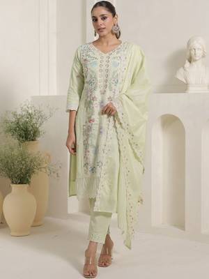 women floral embroidered thread work  cotton kurta with trousers & dupatta 1