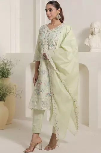 Women Floral Embroidered Thread Work Pure Cotton Kurta with Trousers & Dupatta