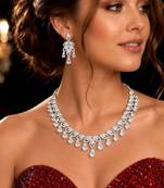 CZ Bridal Necklace Set, Statement Drop Earrings, Rhodium Plated Chandelier Jewelry
