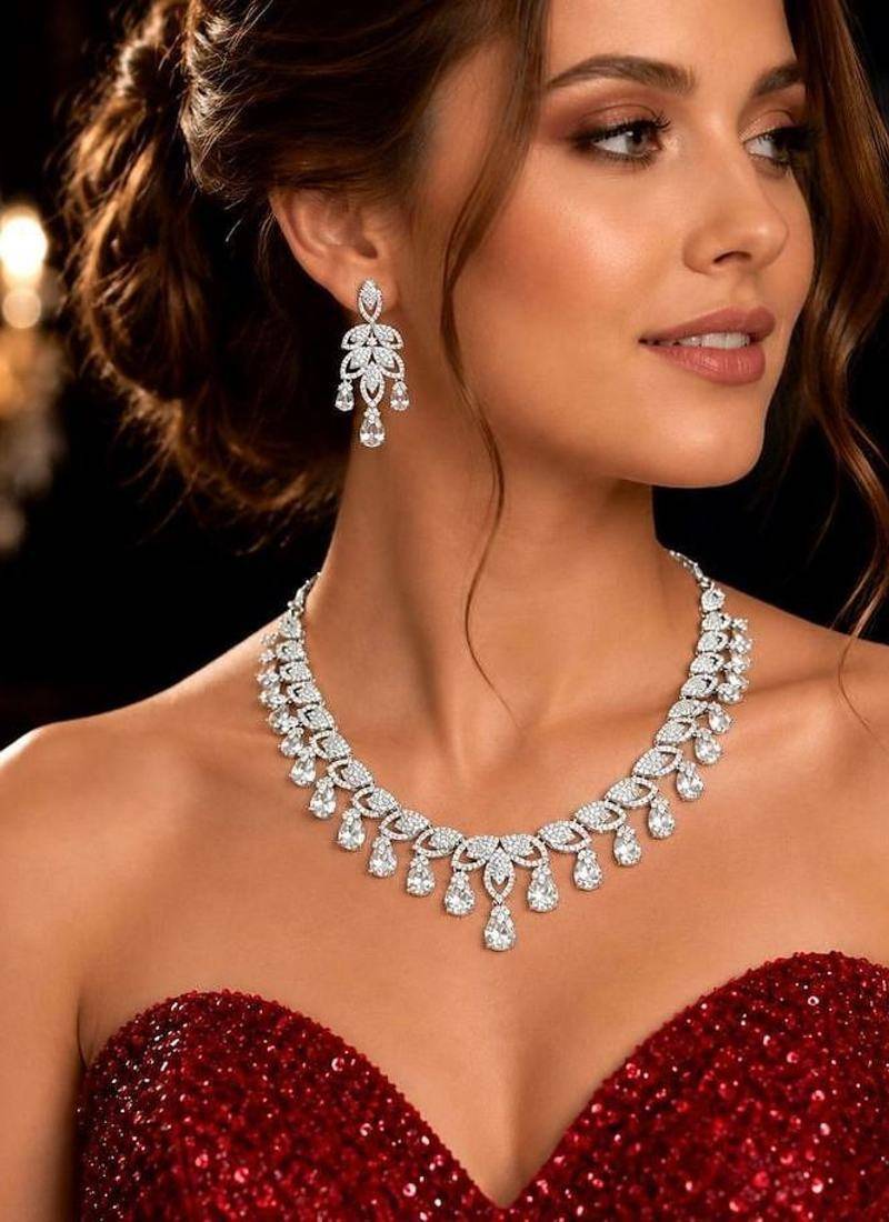 CZ Bridal Necklace Set, Statement Drop Earrings, Rhodium Plated Chandelier Jewelry