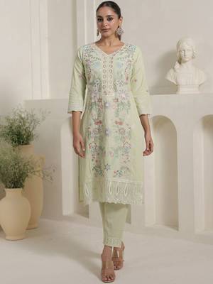 women floral embroidered thread work  cotton kurta with trousers & dupatta 5
