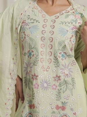 women floral embroidered thread work  cotton kurta with trousers & dupatta 6